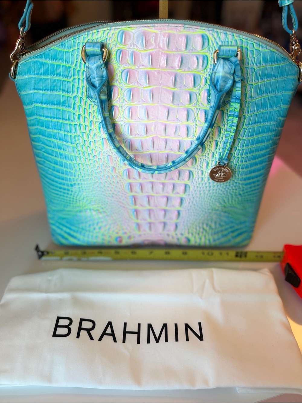 Brahmin Blue Multicolor Croc Embossed Leather Satchel Shoulder Crossbody Bag